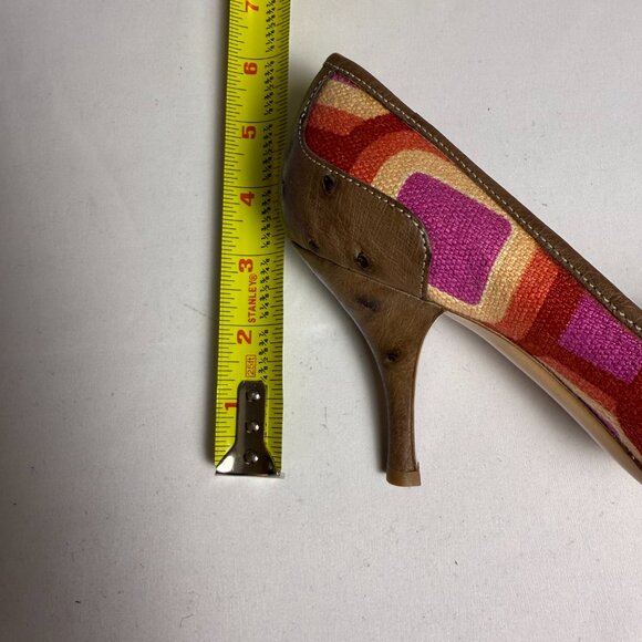 Prada | Size 37, US 7 | Pink, Red, and Purple Linen Heels with Brown Ostrich - Picture 3 of 7